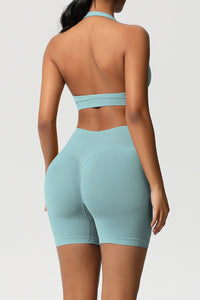 Women Halter Neck Yoga Set: High-Waisted Sculpting Shorts + Backless Sports Bra