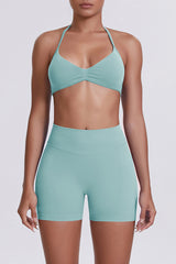 Women Halter Neck Yoga Set: High-Waisted Sculpting Shorts + Backless Sports Bra