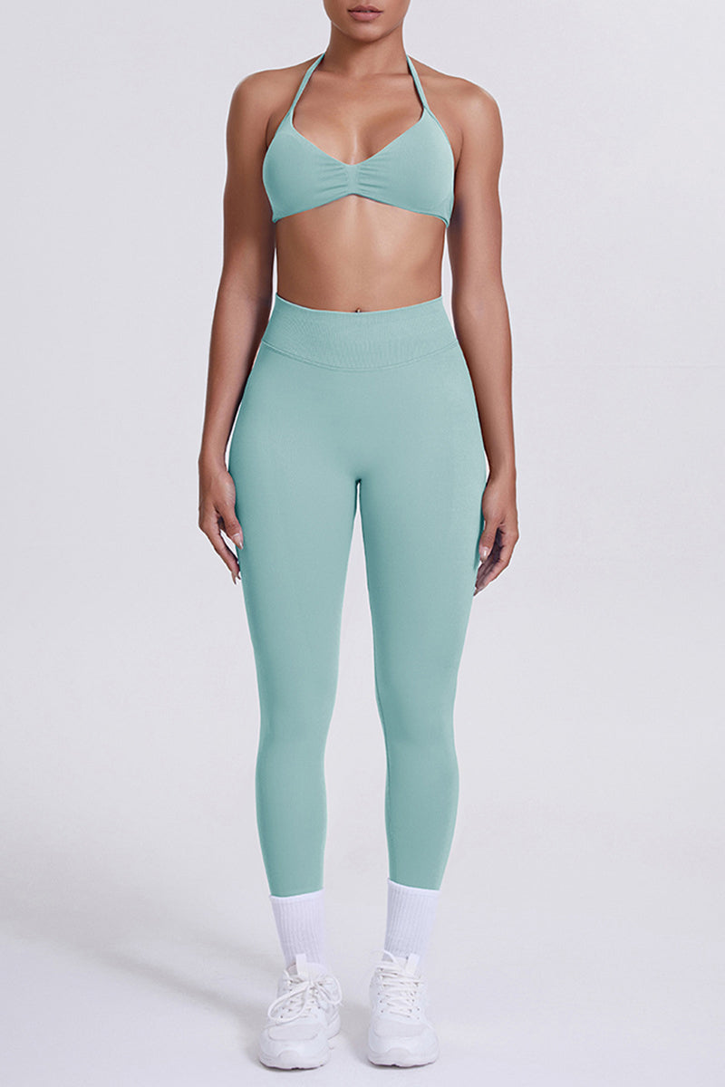 Women Seamless Yoga Set: High-Waisted Sculpting Leggings + Halter Neck Sports Bra