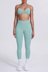 Women Seamless Yoga Set: High-Waisted Sculpting Leggings + Halter Neck Sports Bra