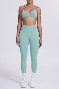 Women Seamless Yoga Set: High-Waisted Sculpting Leggings + Halter Neck Sports Bra