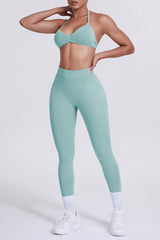 Women Seamless Yoga Set: High-Waisted Sculpting Leggings + Halter Neck Sports Bra