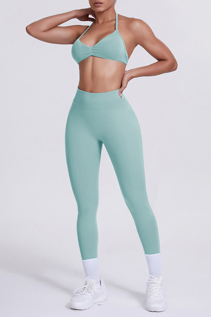 Women Seamless Yoga Set: High-Waisted Sculpting Leggings + Halter Neck Sports Bra
