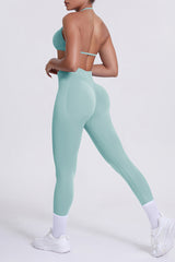 Women Seamless Yoga Set: High-Waisted Sculpting Leggings + Halter Neck Sports Bra
