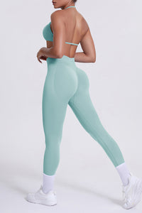 Women Seamless Yoga Set: High-Waisted Sculpting Leggings + Halter Neck Sports Bra