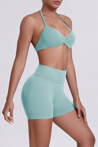 Women Halter Neck Yoga Set: High-Waisted Sculpting Shorts + Backless Sports Bra