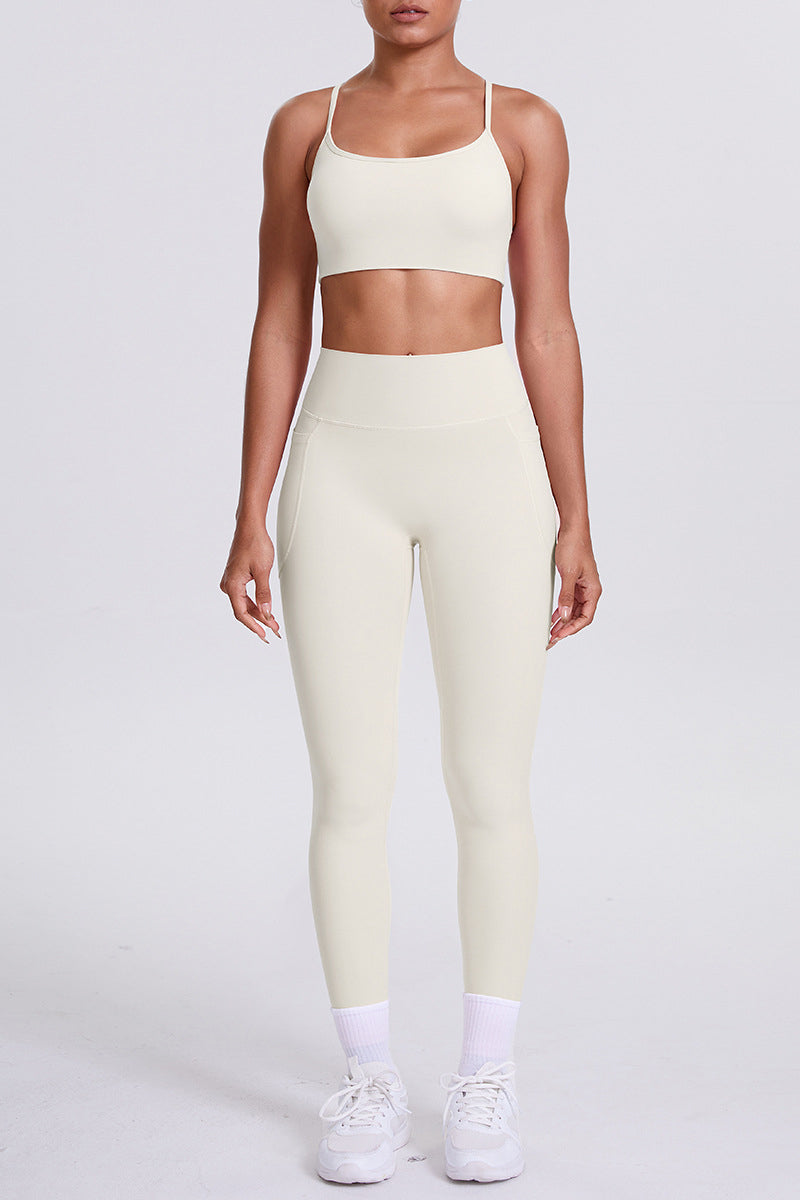 Women High-Waisted Pocket Yoga Set: Seamless Sports Bra + Sculpting Leggings