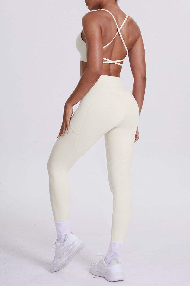 Women High-Waisted Pocket Yoga Set: Seamless Sports Bra + Sculpting Leggings
