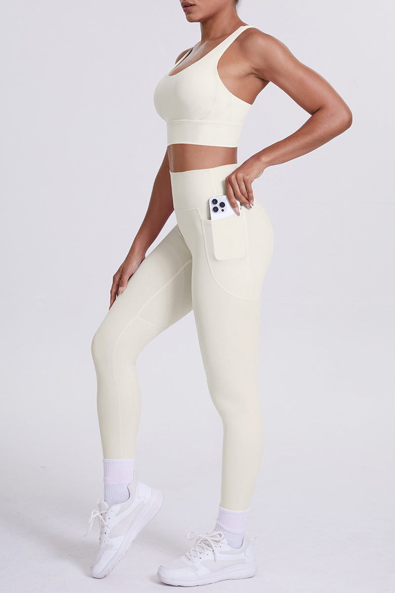Women Cross-Back Yoga Set: High-Waisted Sculpting Leggings with Pocket + Cloud-Touch Sports Bra
