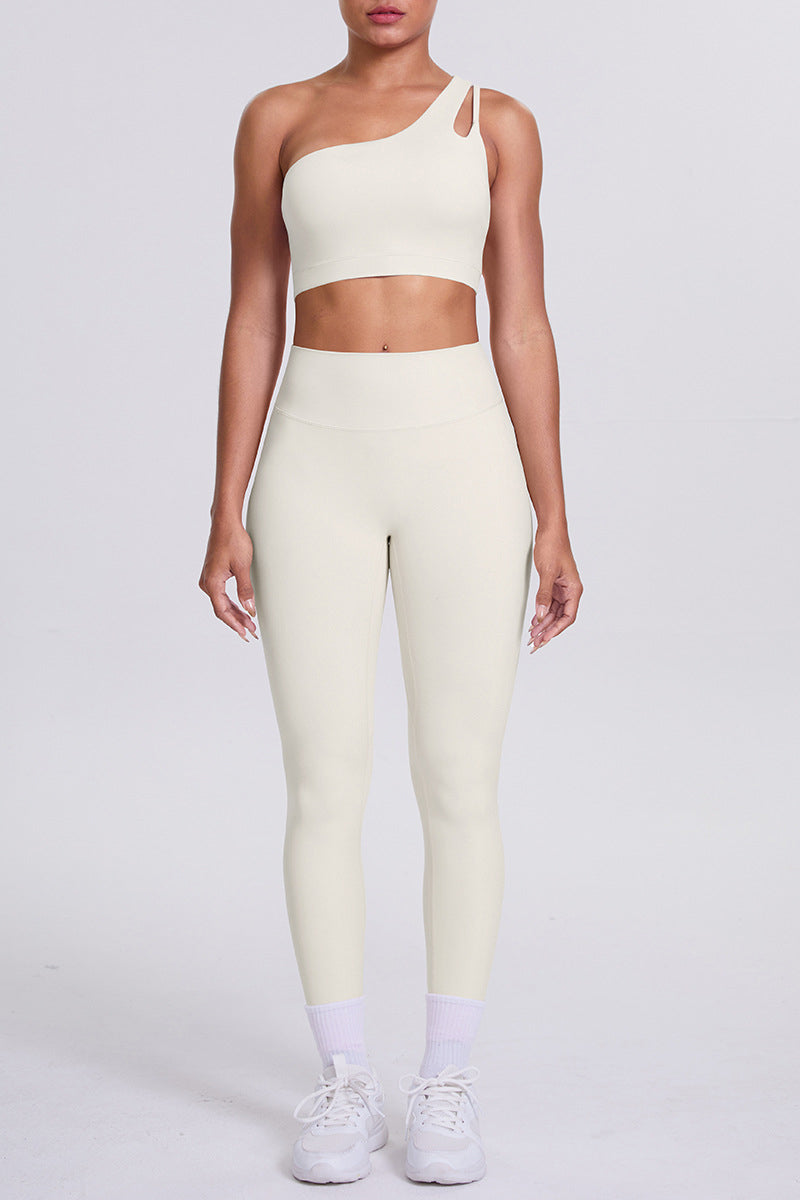 Women One-Shoulder Yoga Set: Naked-Feel High-Waisted Sculpting Leggings + Cross-Back Sports Bra