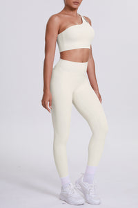 Women One-Shoulder Yoga Set: Naked-Feel High-Waisted Sculpting Leggings + Cross-Back Sports Bra
