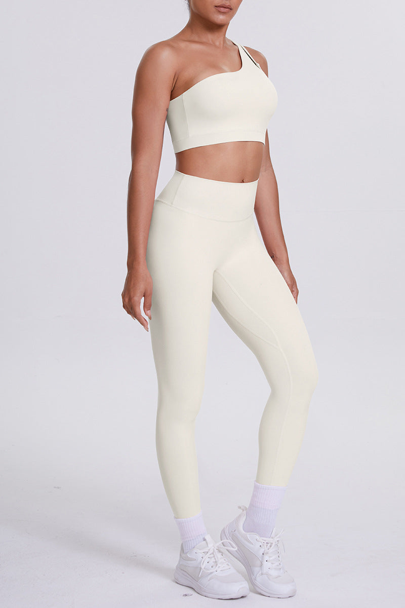 Women One-Shoulder Yoga Set: Naked-Feel High-Waisted Sculpting Leggings + Cross-Back Sports Bra