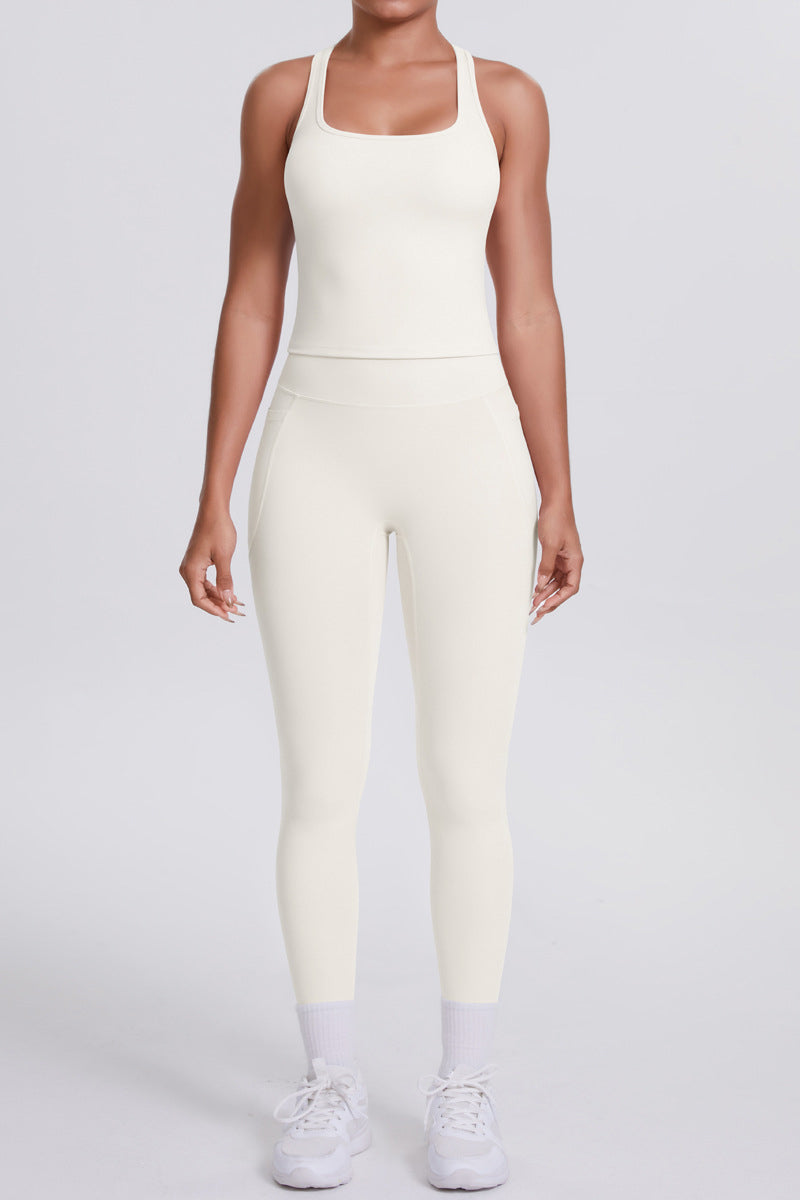 Women Naked-Feel Yoga Set: High-Waisted Pocket Leggings + Square Neck Sports Bra