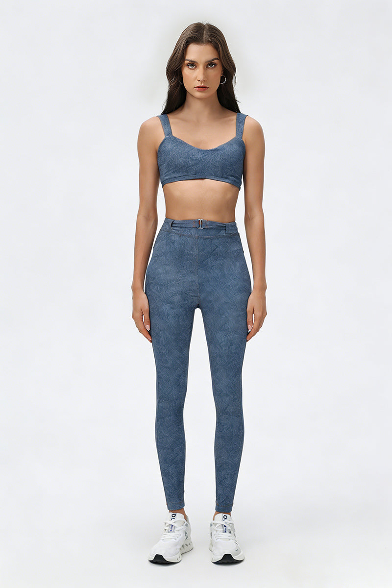 Women's Summer Denim Printed Sets:V-neck Bra And Leggings