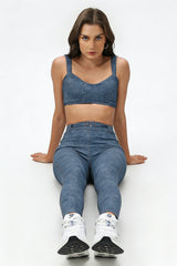 Women's Summer Denim Printed Sets:V-neck Bra And Leggings
