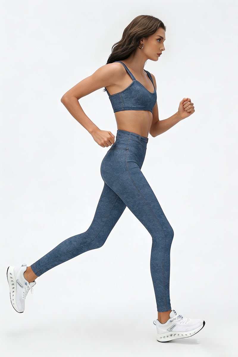 Women's Summer Denim Printed Sets:V-neck Bra And Leggings