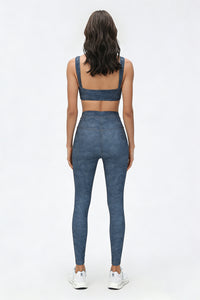Women's Summer Denim Printed Sets:V-neck Bra And Leggings