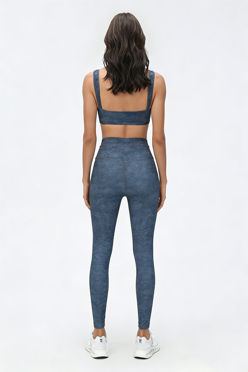 Women's Summer Denim Printed Sets:V-neck Bra And Leggings