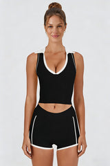 Women's Athletic Color Block Sets:V-neck Tank Top And Shorts