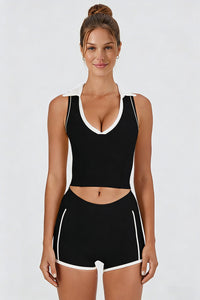 Women's Athletic Color Block Sets:V-neck Tank Top And Shorts