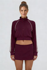 Women's Sports Sets:Stand Collar Cropped Jacket And Skirt