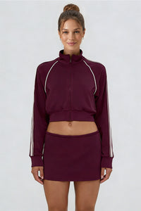 Women's Sports Sets:Stand Collar Cropped Jacket And Skirt