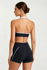 Women's Halter Twist Color-Block Sports Bra & Shorts Set