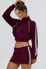 Women's Sports Sets:Stand Collar Cropped Jacket And Skirt