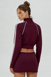 Women's Sports Sets:Stand Collar Cropped Jacket And Skirt
