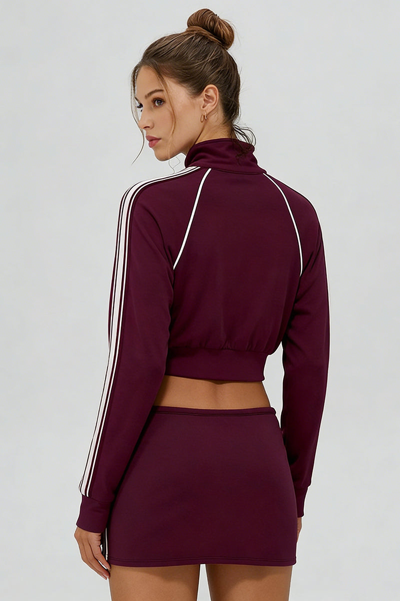 Women's Sports Sets:Stand Collar Cropped Jacket And Skirt