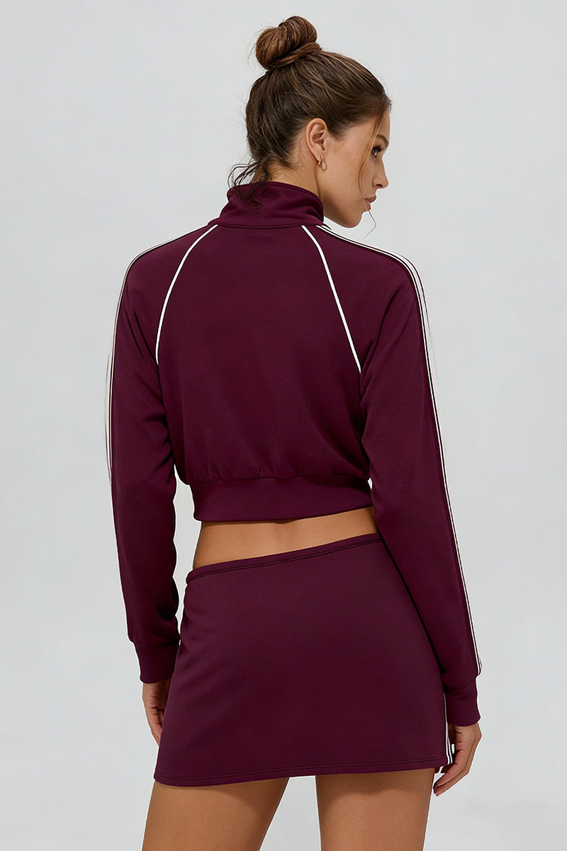 Women's Sports Sets:Stand Collar Cropped Jacket And Skirt