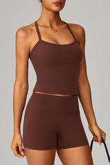 Women Brushed Slim Fit Yoga Set: Square Neck Camisole + High Waist Shorts