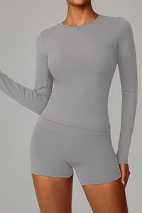 Women Brushed Round Neck Slim Fit Workout Long Sleeve Top