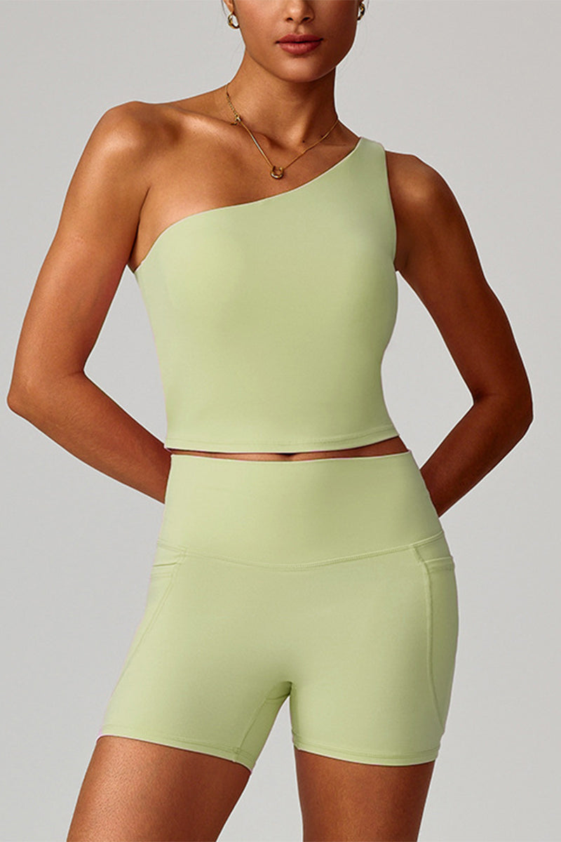 Women Cloud-Feel Quick-Dry Yoga Set: Asymmetric Strap Bra + High-Waist Pocket Shorts