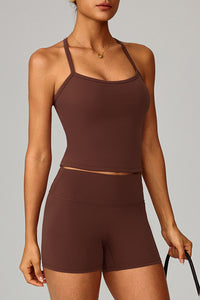 Women Brushed Slim Fit Yoga Set: Square Neck Camisole + High Waist Shorts