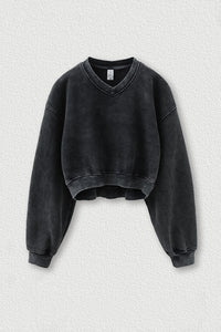 Women's washed velvet V-neck cropped sweatshirt