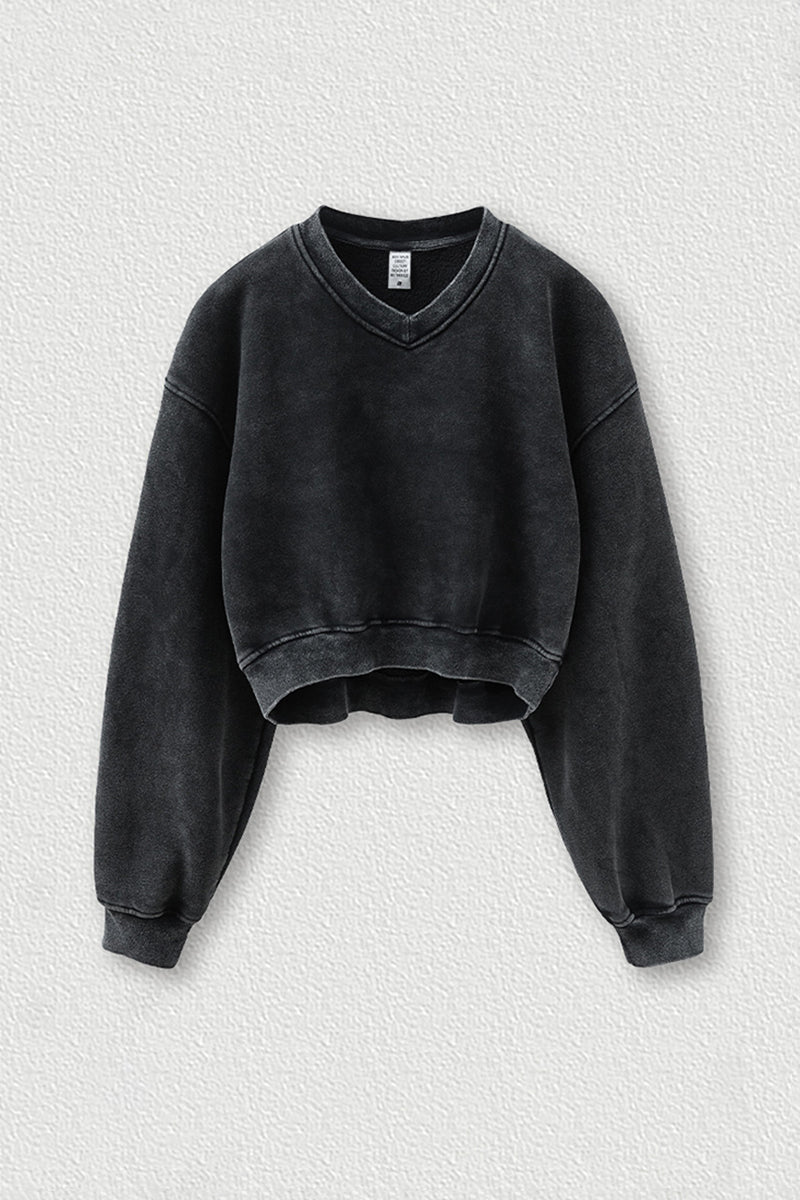 Women's washed velvet V-neck cropped sweatshirt