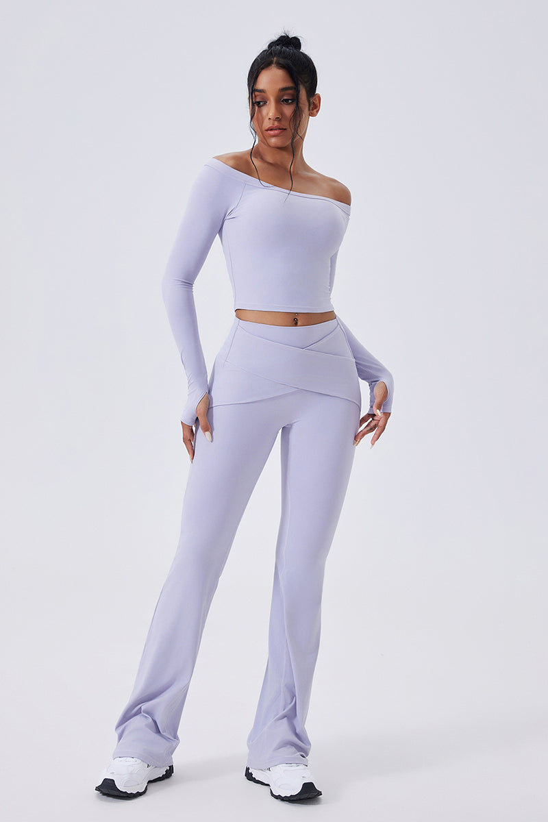 Women Off-Shoulder High-Waist Quick-Dry Yoga Set: Long Sleeve Top + Leggings