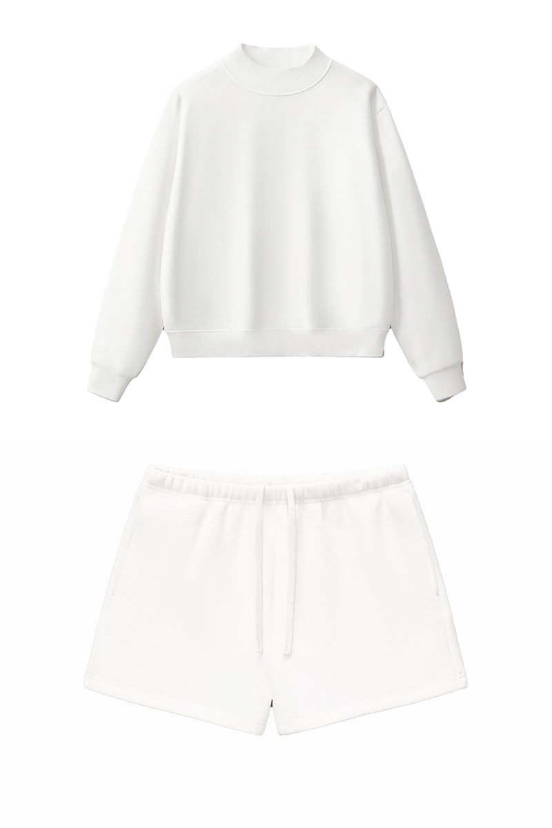 Women Loose Set:Mock Neck Sweatshirt + Shorts