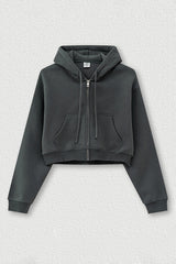 Loose cropped zip-up hooded jacket