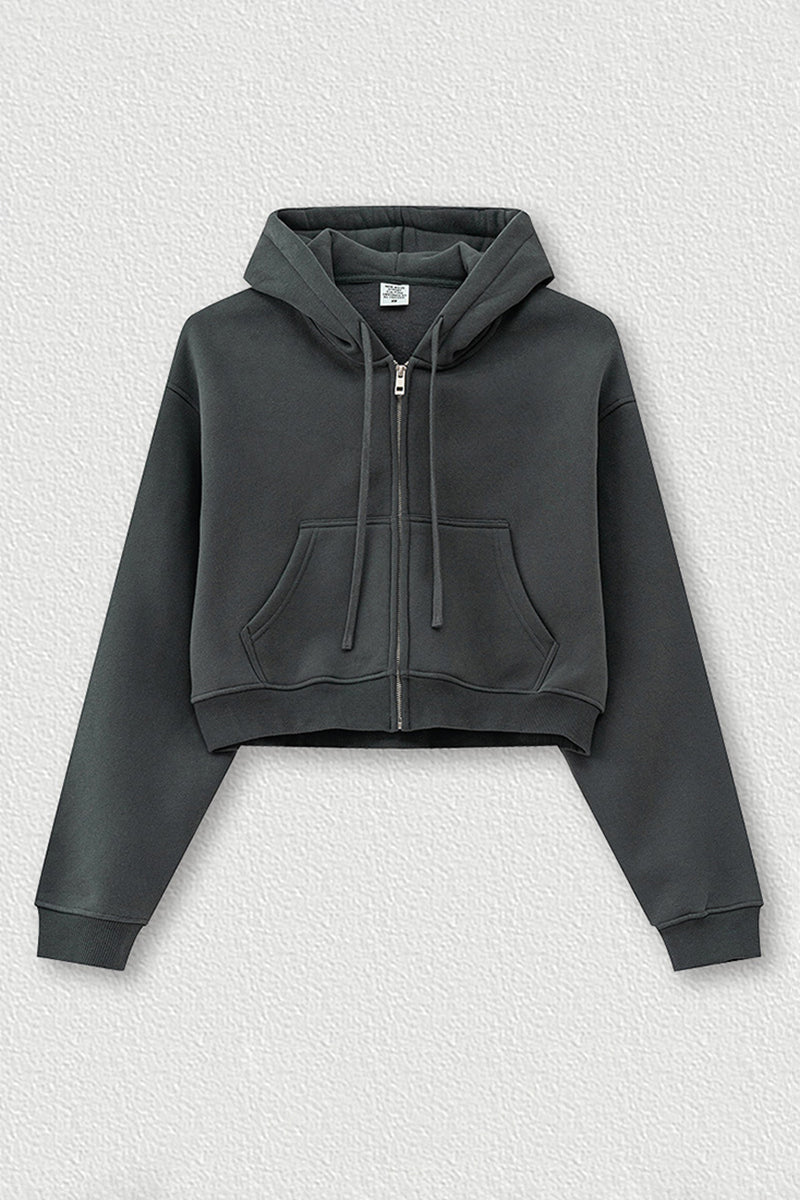 Loose cropped zip-up hooded jacket