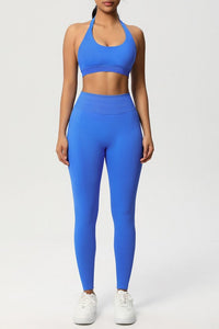 Women Seamless Knit Yoga Set: Halter Back Sports Bra + Sculpting Leggings