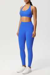 Women Seamless Knit Yoga Set: Halter Back Sports Bra + Sculpting Leggings