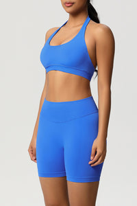 Women Halter Neck Yoga Set: High-Waisted Sculpting Shorts + Backless Sports Bra