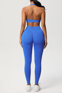 Women Seamless Knit Yoga Set: Halter Back Sports Bra + Sculpting Leggings