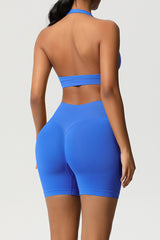 Women Halter Neck Yoga Set: High-Waisted Sculpting Shorts + Backless Sports Bra