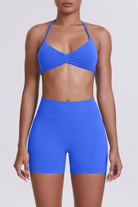 Women Halter Neck Yoga Set: High-Waisted Sculpting Shorts + Backless Sports Bra
