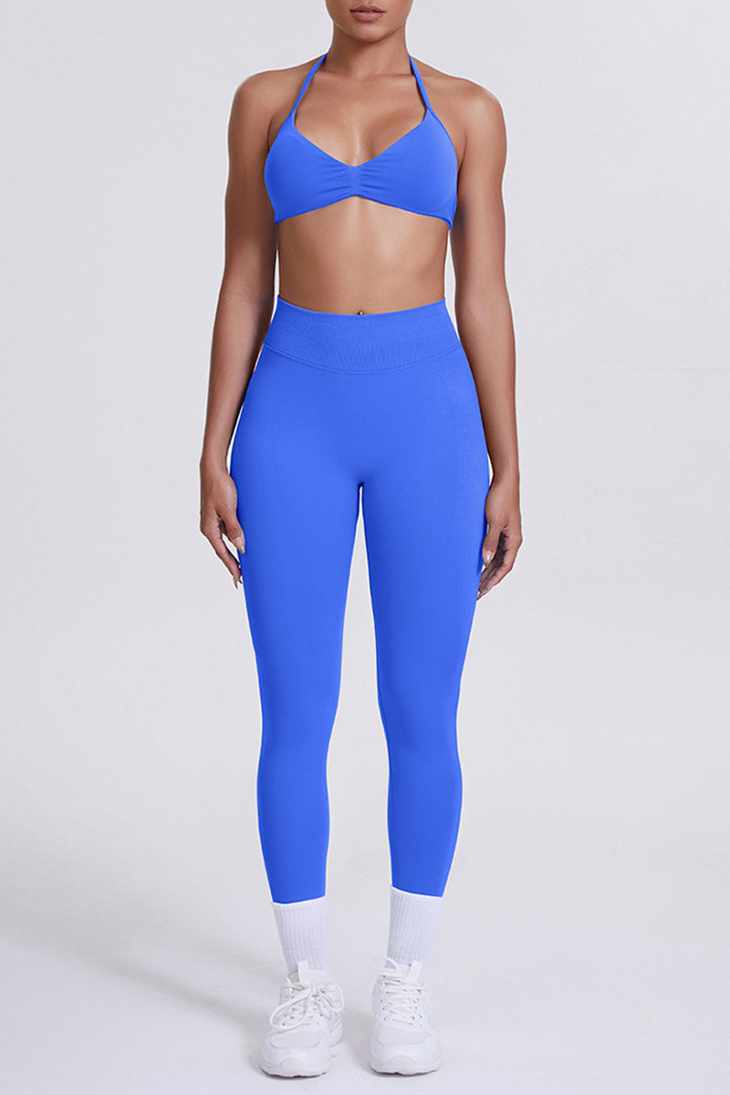 Women Seamless Yoga Set: High-Waisted Sculpting Leggings + Halter Neck Sports Bra