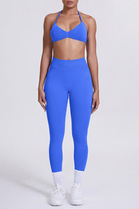 Women Seamless Yoga Set: High-Waisted Sculpting Leggings + Halter Neck Sports Bra