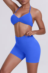 Women Halter Neck Yoga Set: High-Waisted Sculpting Shorts + Backless Sports Bra